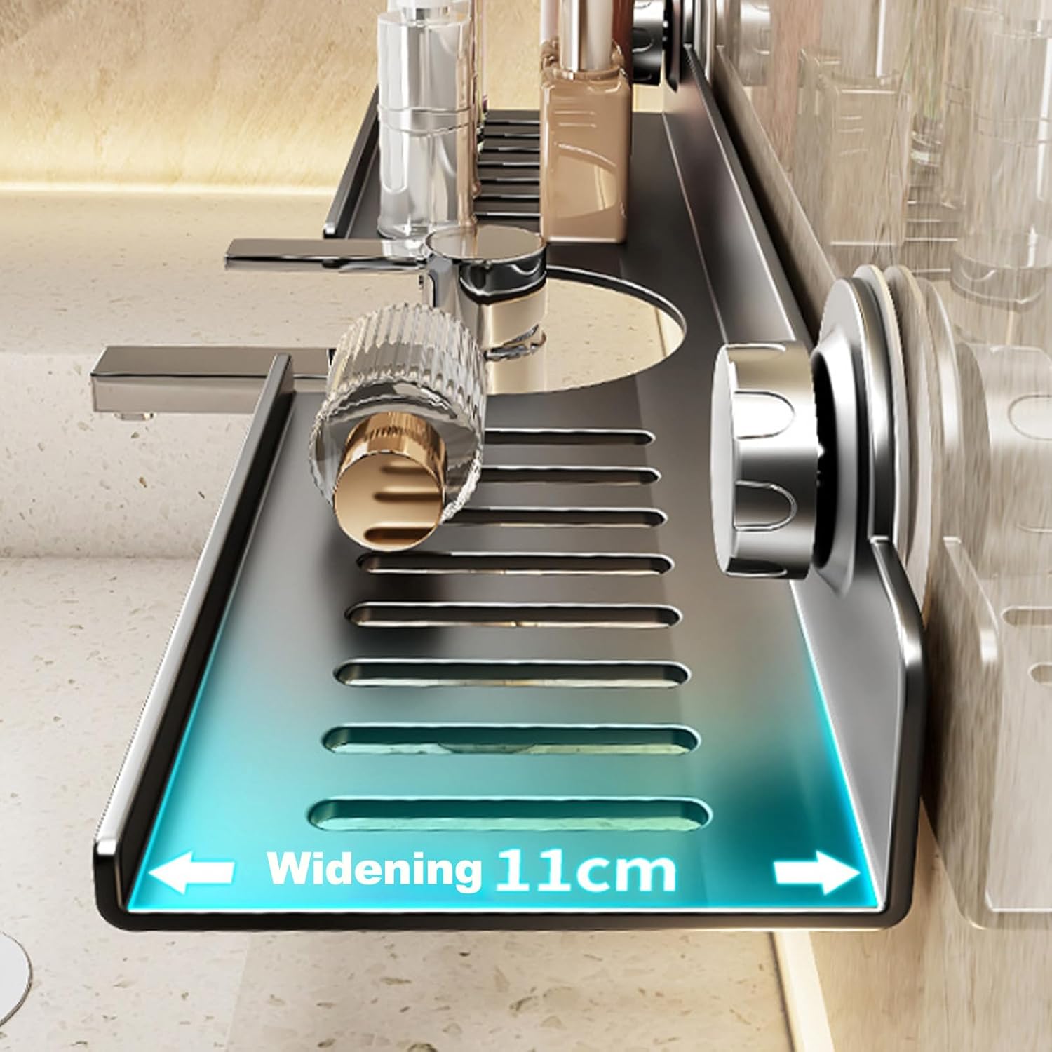 Strong Suction Cup Holder, No Drill Wall Mount Shelf for Bathroom Sink, Adhesive Vanity Organizer for Soap Dispenser, Toothbrush, Lotions,60cm