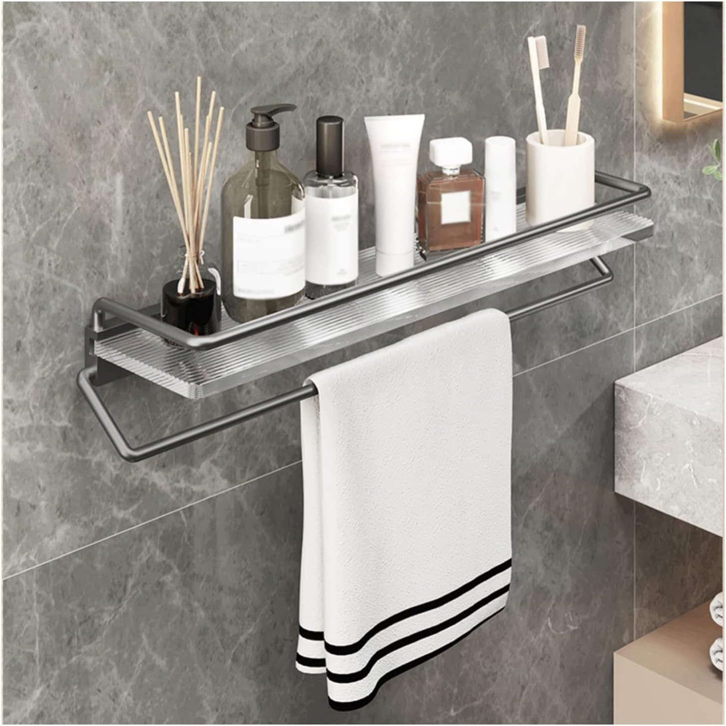Bathroom Shelf Bathroom Glass Shelf with Hand Towel Bar Aluminum Tempered Glass Bathroom Wall Shelf 19.6in Wall Mount Towel Racks Rectangular Storage Organizer, Grey Bathroom Wall Shelves
