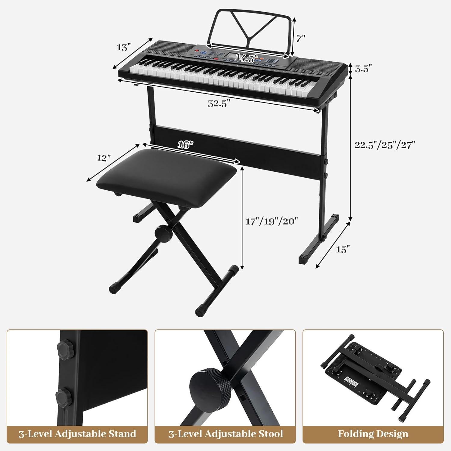 HONEY JOY 61 Key Keyboard Piano, Electric Piano Keyboard Kit with 300 Tones, 300 Rhythms, Piano Stand, Bench, Headphone/Microphone, Built-In Speakers, Keyboard Piano for Beginners, Black