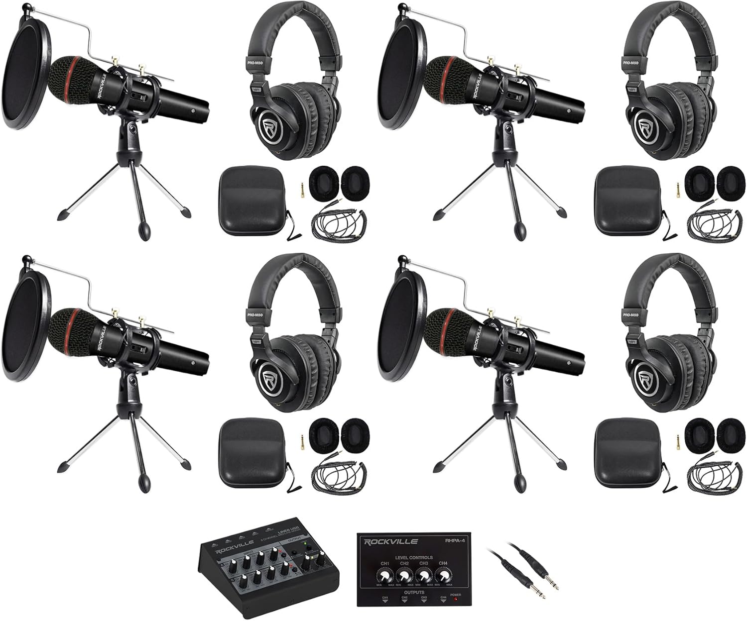 Rockville 4-Person Podcast Recording Package LINE8 USB 8-Channel Mixer and USB Audio Interface with (4) PRO-M50 Headphones, (4) RMIC-SR Mics, Stands, RHPA4 Amp, Cables (15 Items)