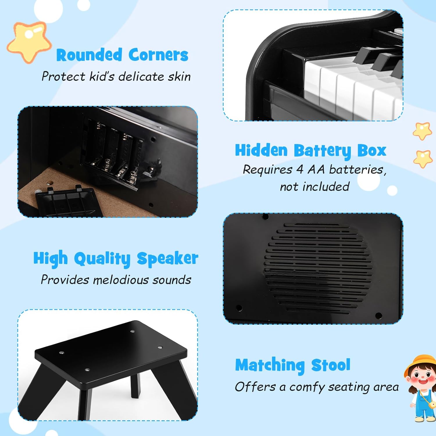 Costzon 25 Keys Kids Piano Keyboard, Mini Digital Piano Wooden Toy w/ Adjustable Speed & Volume, Teaching Mode, Removable Music Stand, Educational Music Instrument for Kids Aged 3+ (Black,with Stool)