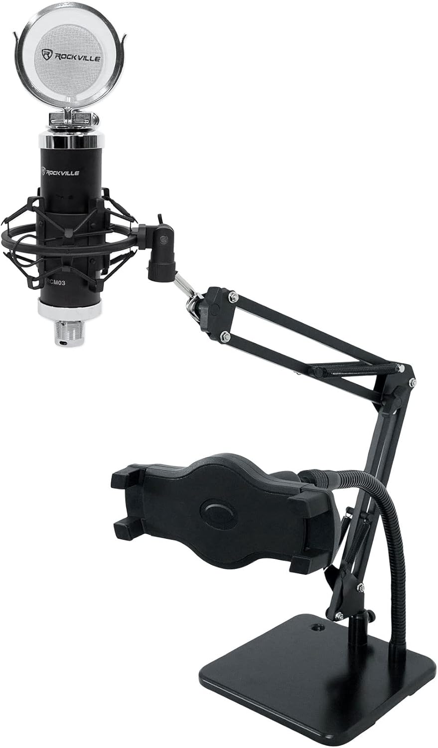Rockville RCM03 Bundle: Studio Recording Condenser Microphone with Metal Shock Mount, iSTAND 85 Dual Desktop Boom Arm and Gooseneck Stand, 2-Items