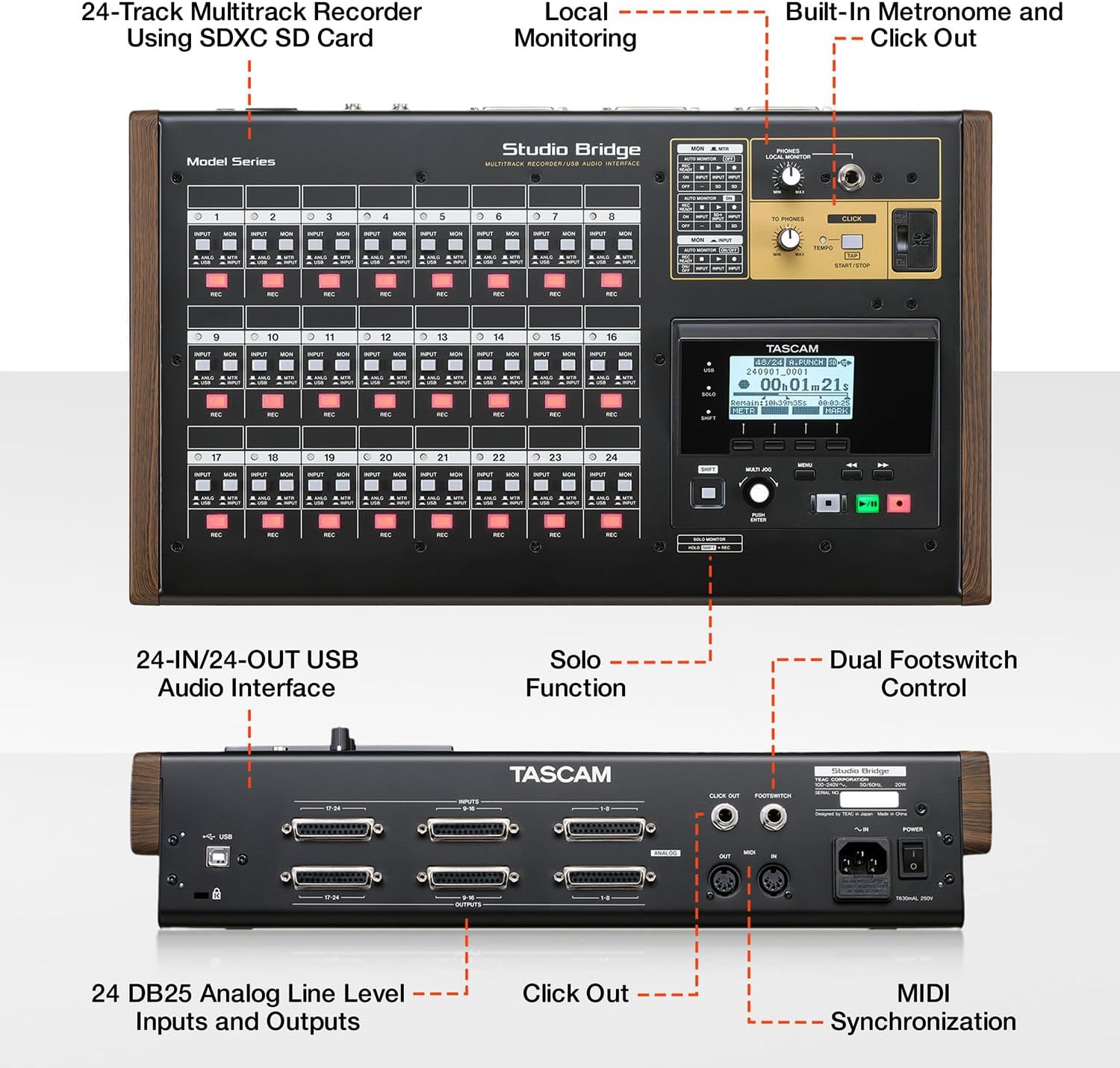 TASCAM Studio Bridge 24-Channel Multi Track Recorder and USB Audio Interface with MIDI — High-Fidelity, Studio Quality Recording