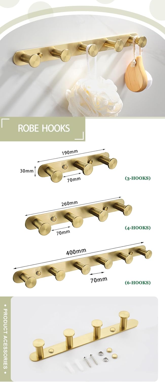 Brushed Gold Wall Mount Shelf Toilet Bath Hardware Paper Holder Towel Bar Rack Rail Rod Robe Hook Hanger Bathroom Accessories,3 hooks16