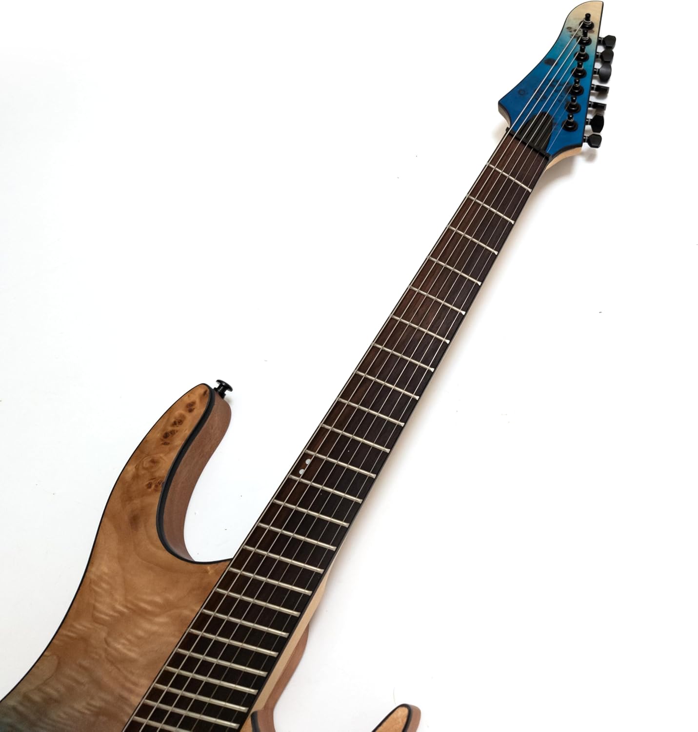 7-String Solid Body Electric Guitar, Ceramic Humbucker Pickups, Fanned Fret Design, Roasted Maple Neck, Ocean Fade Poplar Burl Top, Stainless Steel Frets