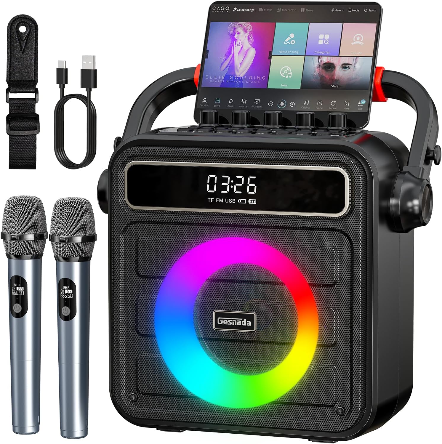 Karaoke Machine with 2 Wireless Microphones, Portable Speaker for Adults, 60W Powerful Sound, Bluetooth 5.3 & TWS Stereo, LED Lights, Supports Type-C/USB/TF/AUX for Home Party and Outdoor.