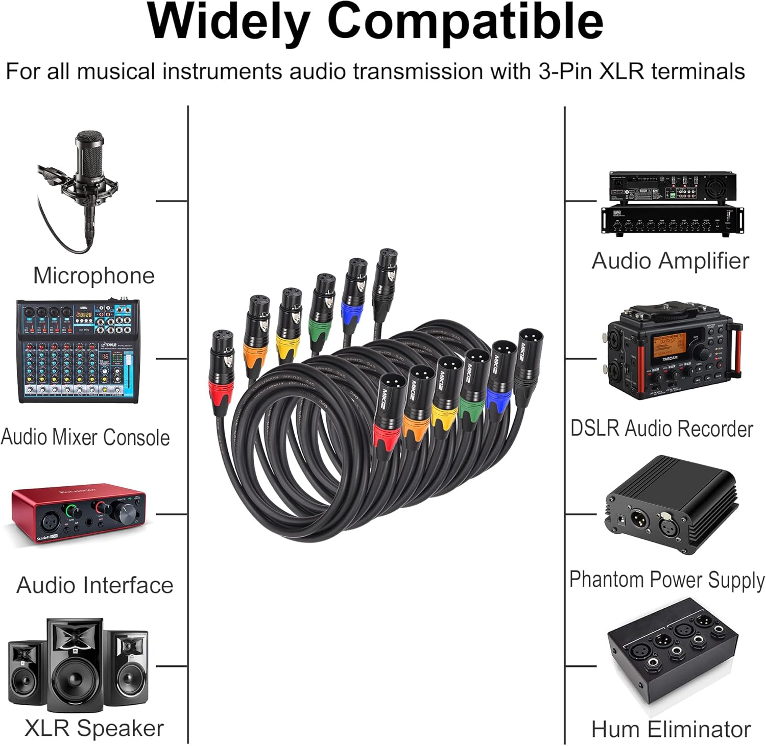 25ft XLR Cables 6 Packs - Premium Color Coded Microphone Cables 3 Pin XLR Male to Female Balanced25 Feet