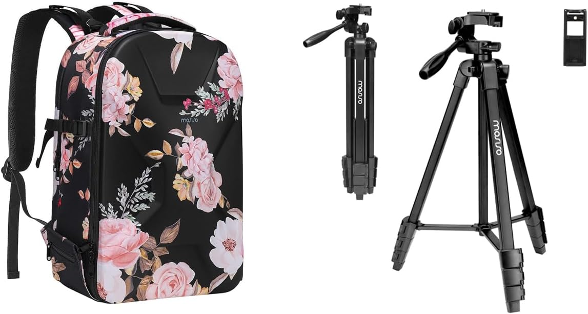 MOSISO 58 inch Camera Phone Tripod Stand with Tablet Phone Mount&Camera Backpack, Camera Bag Peony Waterproof Hardshell Case with Tripod Holder & Laptop Compartment, Black