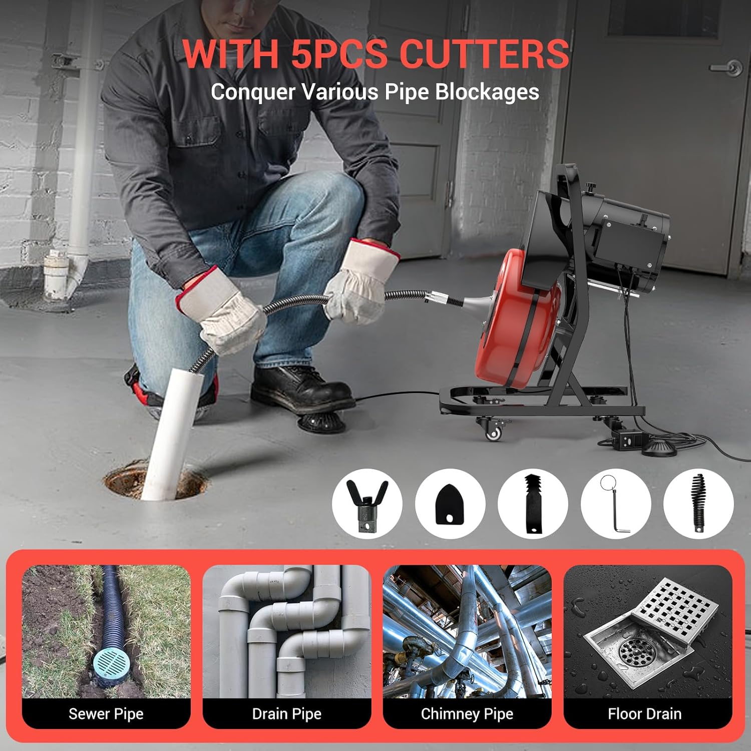 50FTx1/2 Inch Drain Cleaner Machine with Wheels, Sewer Snake Electric Drain for 2