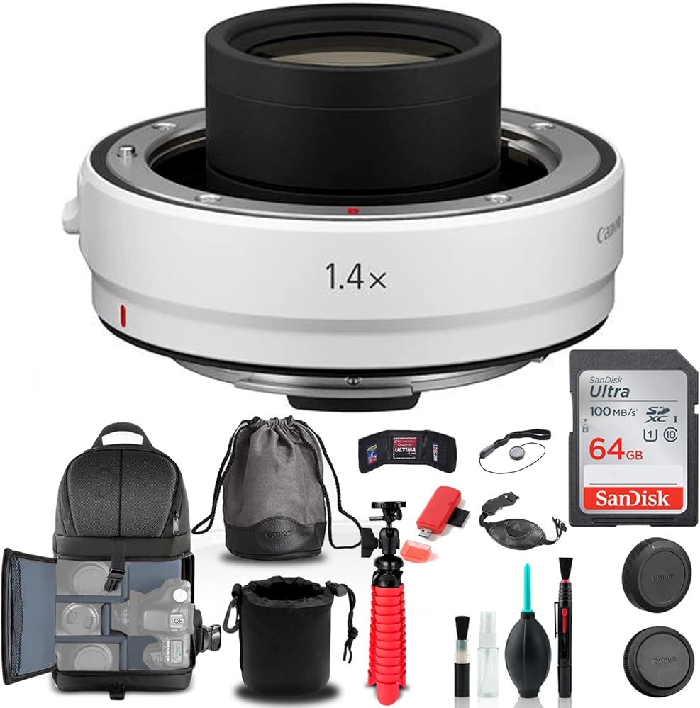 Canon Extender RF 1.4X (4113C002) + Backpack + 64GB Card + Lens Pouch + Card Reader + Flex Tripod + Memory Wallet + Cap Keeper + Cleaning Kit + Hand Strap + More (Renewed)