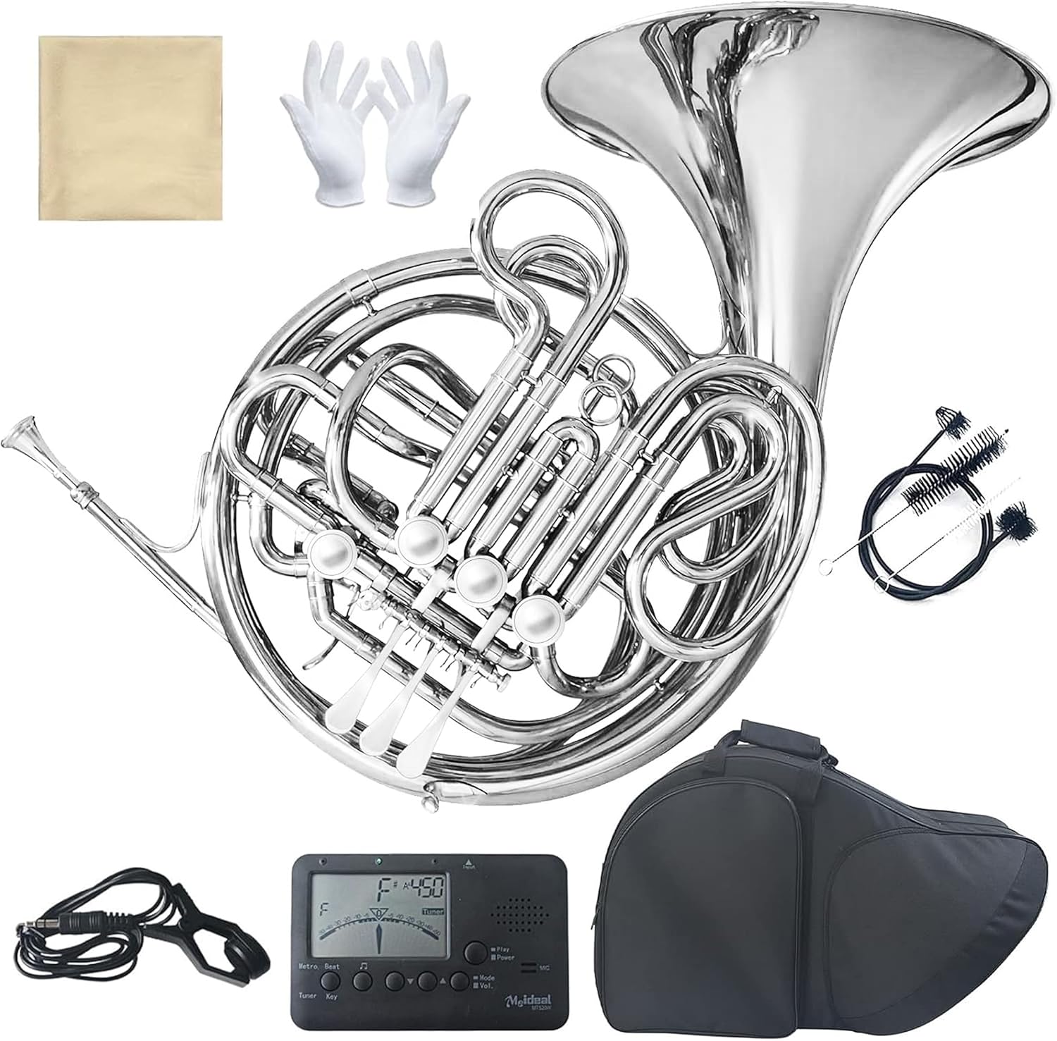 Double French Horn (Fb/Bb) 4 Keys Gold Lacquer - Intermediate Brass Instrument with Case, Mouthpiece and Cleaning Kit - Complete Accessory Kit for Concert Band and Solo Performance (Silver)