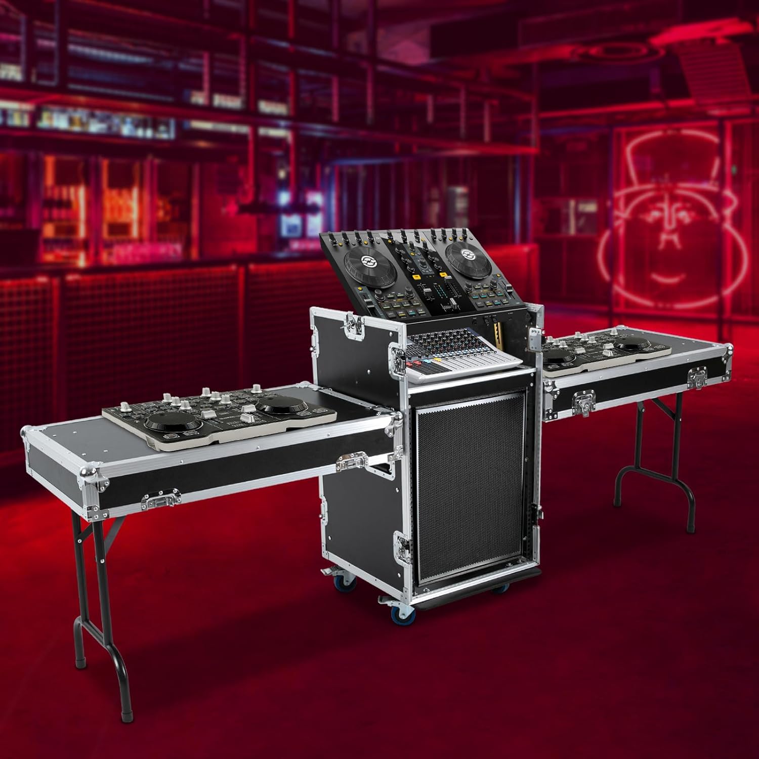 DYNAMI 14U PA DJ Rack w/Wheels,2 Tier Heavy Duty Road ATA Case with 2 Work Tables,DJ Mixer Stand Audio Rack,for Music Studio Booth Pro Audio Recording Cabinet Stage Equipment (14U+Dual Work Table)