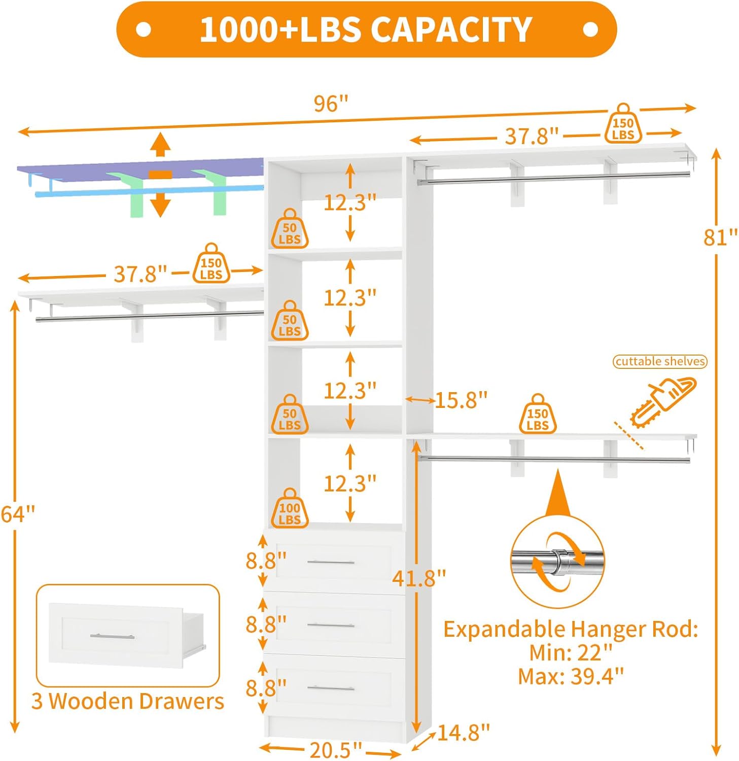 Closet System with Drawers, 5FT-8FT Closet Organizer System 96