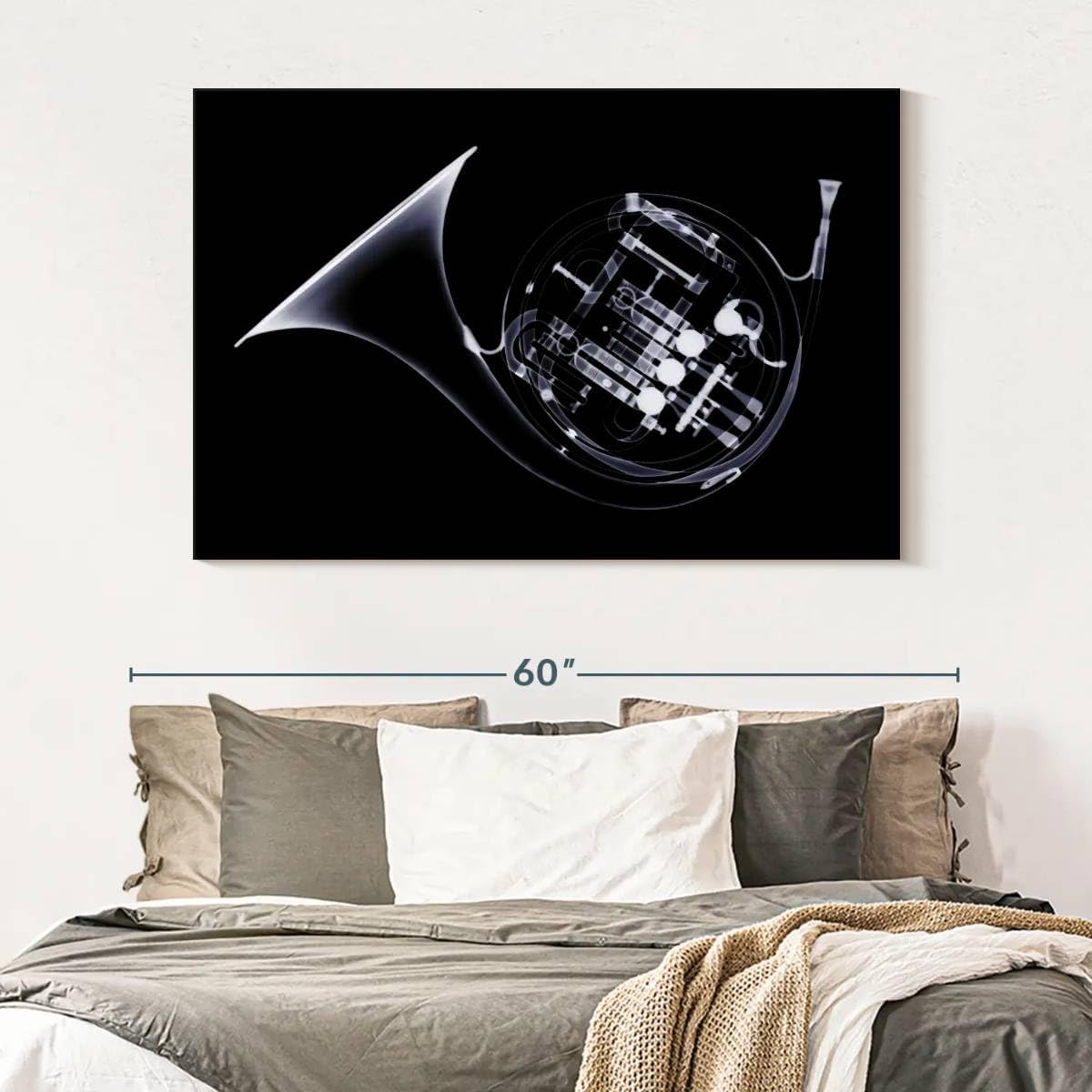 ElephantStock - French Horn X-ray Wall Art - Horizontal Canvas Wall Art - Living Room Wall Decor - Photography Music Canvas Art - Black And Gray Decor - 51