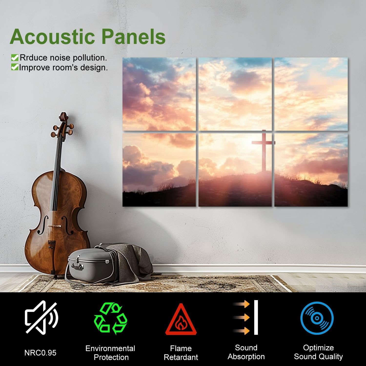 Art Acoustic Panels Self Adhesive Silhouette three Cross Crucifixion Christian top mountain sunlight 6Packs Decorative Soundproof Wall Panels Large Sound Absorbing Panels for Home Office 48