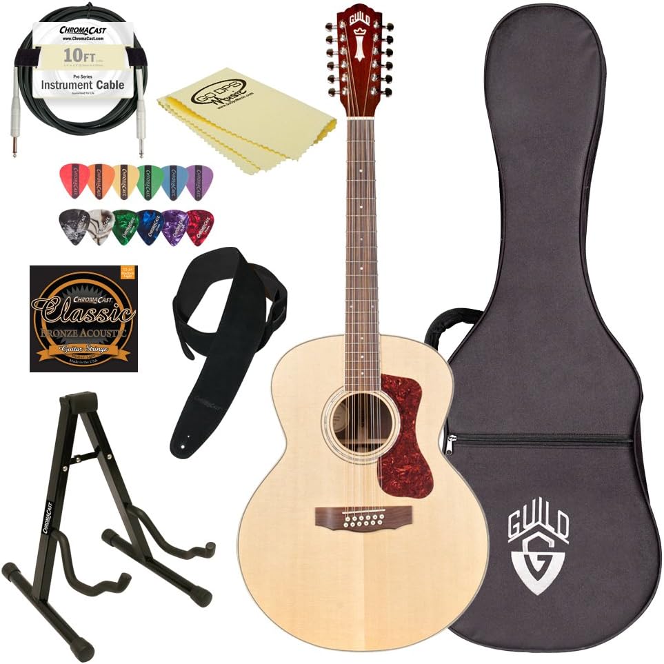 Guild F-1512E NAT-KIT-2 Natural Jumbo Acoustic Electric Guitar with Poly Foam Case & ChromaCast Accessories