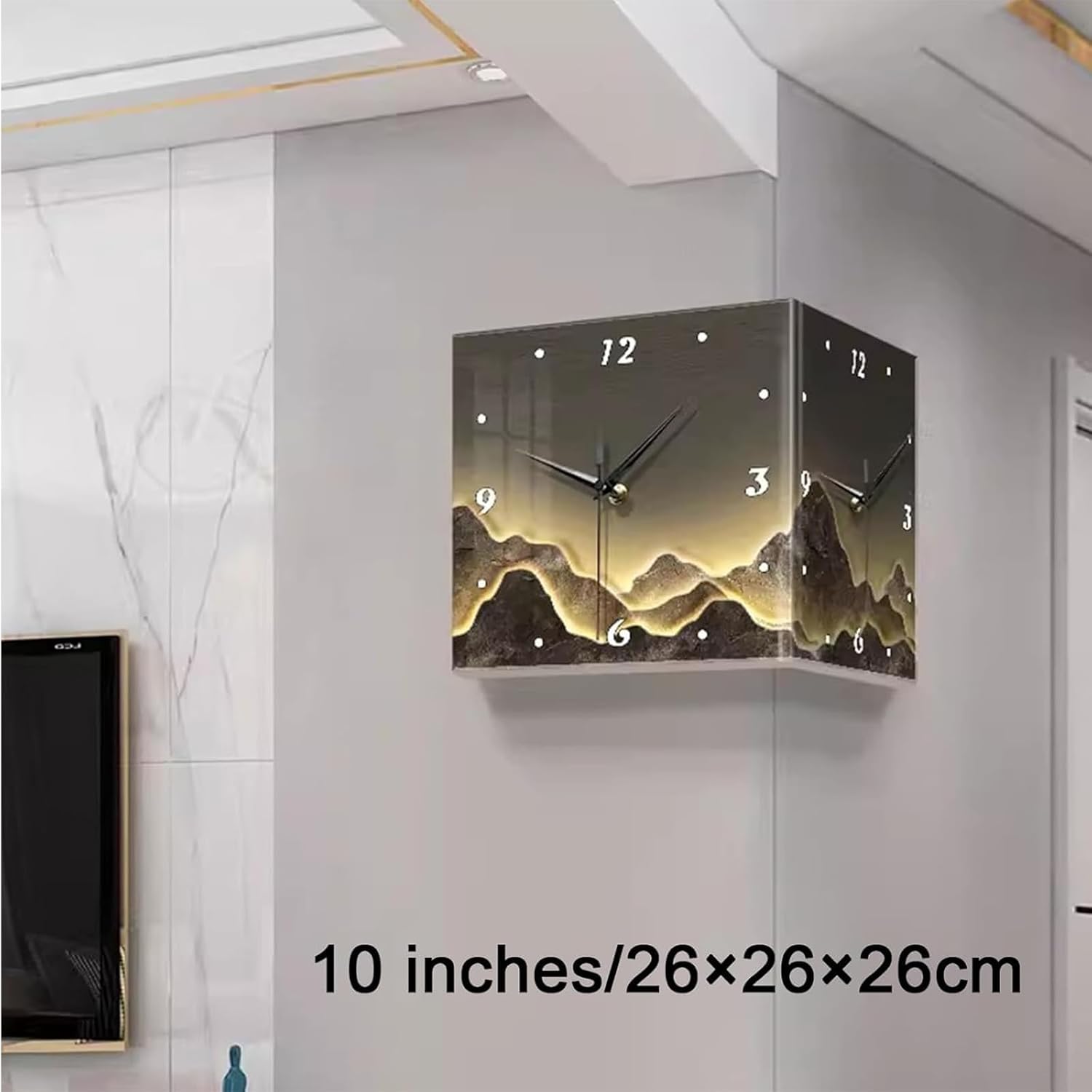 10in,Double-Sided Wall Clock, Punch-Free Corner Clock Wall Mount, Modern Corner Wall Clock with Light for Living Room Decor, Mountain Scenery Wall Mounted Angle Clock