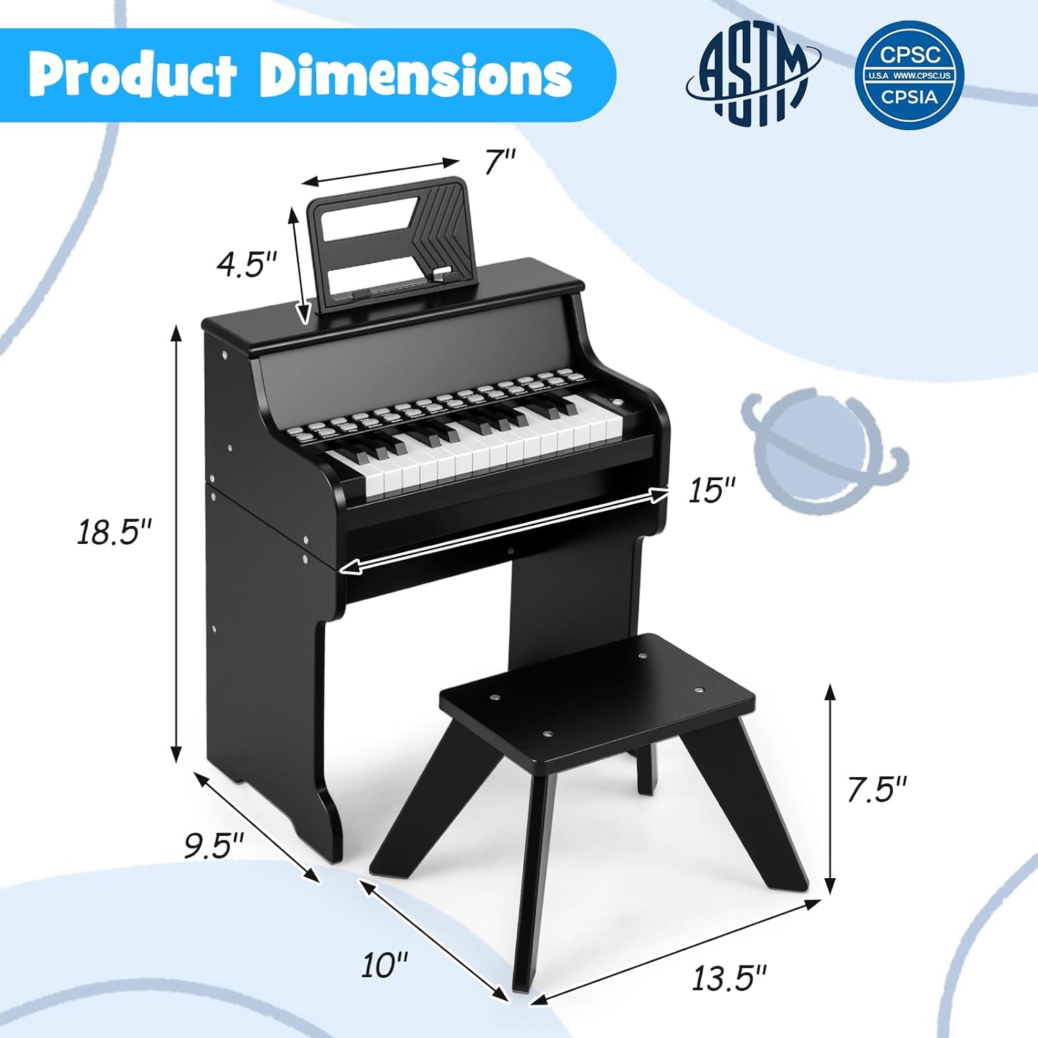 Costzon 25 Keys Kids Piano Keyboard, Mini Digital Piano Wooden Toy w/ Adjustable Speed & Volume, Teaching Mode, Removable Music Stand, Educational Music Instrument for Kids Aged 3+ (Black,with Stool)