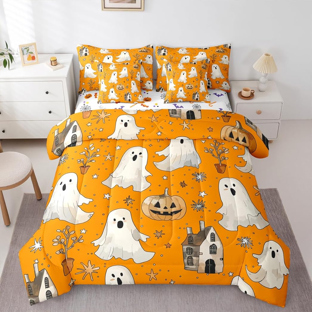 Gothic Bed in a Bag Queen Comforter Set 7 Piece, Cute Ghost Bedding Sets Spooky Pumpkin Lantern Comforter and Sheet Set, Horror Vintage Castle Star Galaxy Decor, Orange Halloween Decorations Indoor