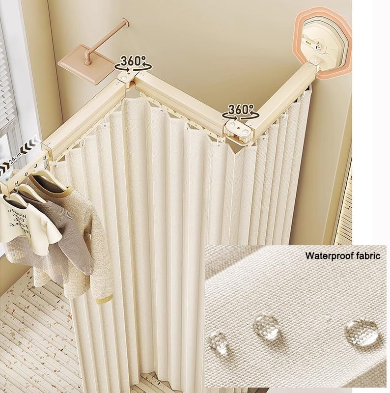 Folding Shower Curtain, Wall Mount Corner Water Proof Curtain, 360° Adjustable Angle Hanging Privacy Partition Panel for Bathroom Bathtub Dressing Room(Beige-B,140-180cm(200cm))