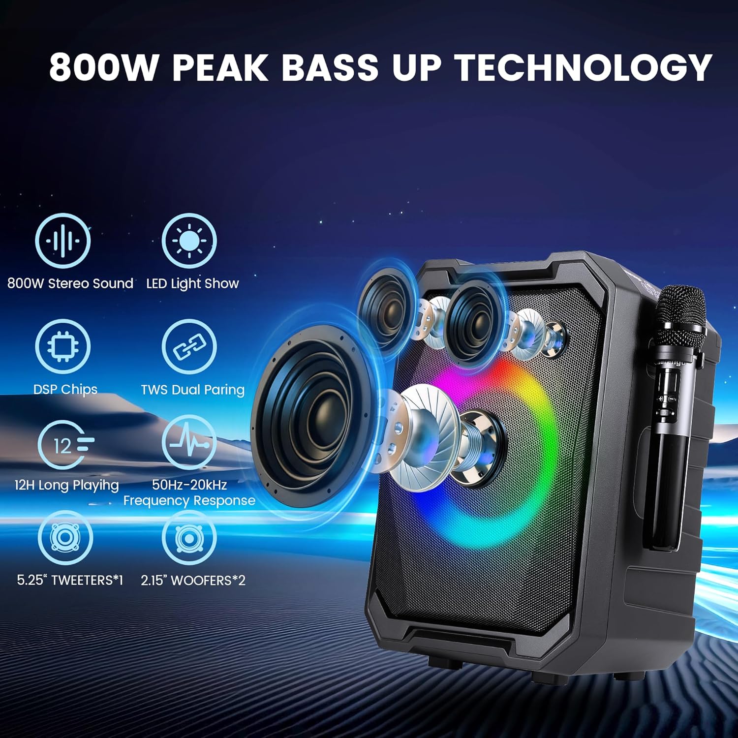 Karaoke Machine with 2 Wireless Microphones, Portable Bluetooth Party Karaoke Speaker with LED Lights, Bass/Treble Adjustment, TWS, 800W(Peak) PA System for Home Party, Supports USB/AUX/REC/Mic-in