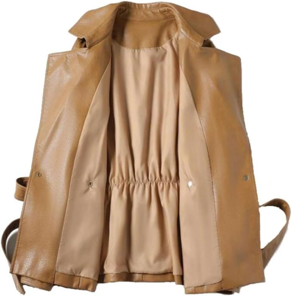 Women's Spring Lapel Pu Leather Bomber Jacket, Long Sleeves, Elastic Hem Leather Jacket