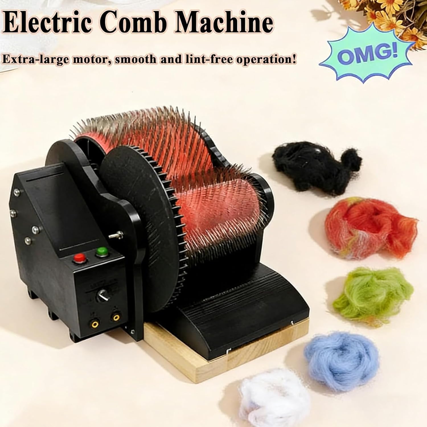 Electric Wool Combing Machine, Wool Fiber Drum Carding Machine, W/2 Foot Pedal Forward & Reverse, Fast Color Mixing, Combing, Spinning, for DIY Craft Make Felt Animals