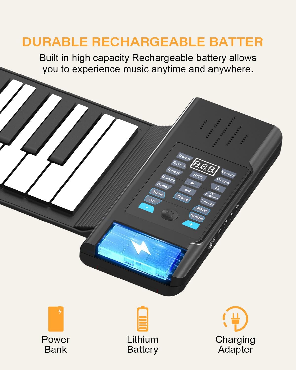 KONIX 61 Key Roll Up Piano,Upgraded Portable Rechargeable Hand Roll Piano with Silicon Flexible Keyboard, MIDI Output, Headphone Connection, 128 Rhythms,Best Gift for Beginners