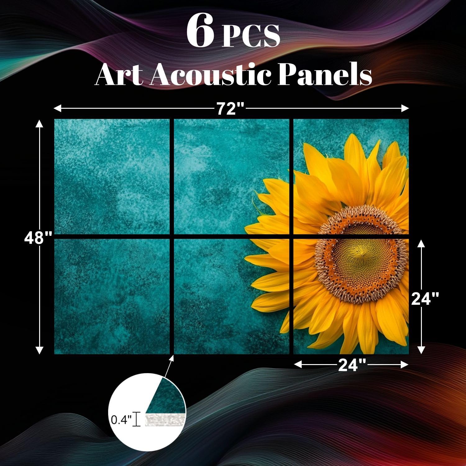 6 Pack Art Acoustic Panels Bright yellow sunflower blue green marble Sound Absorbing Panel 48