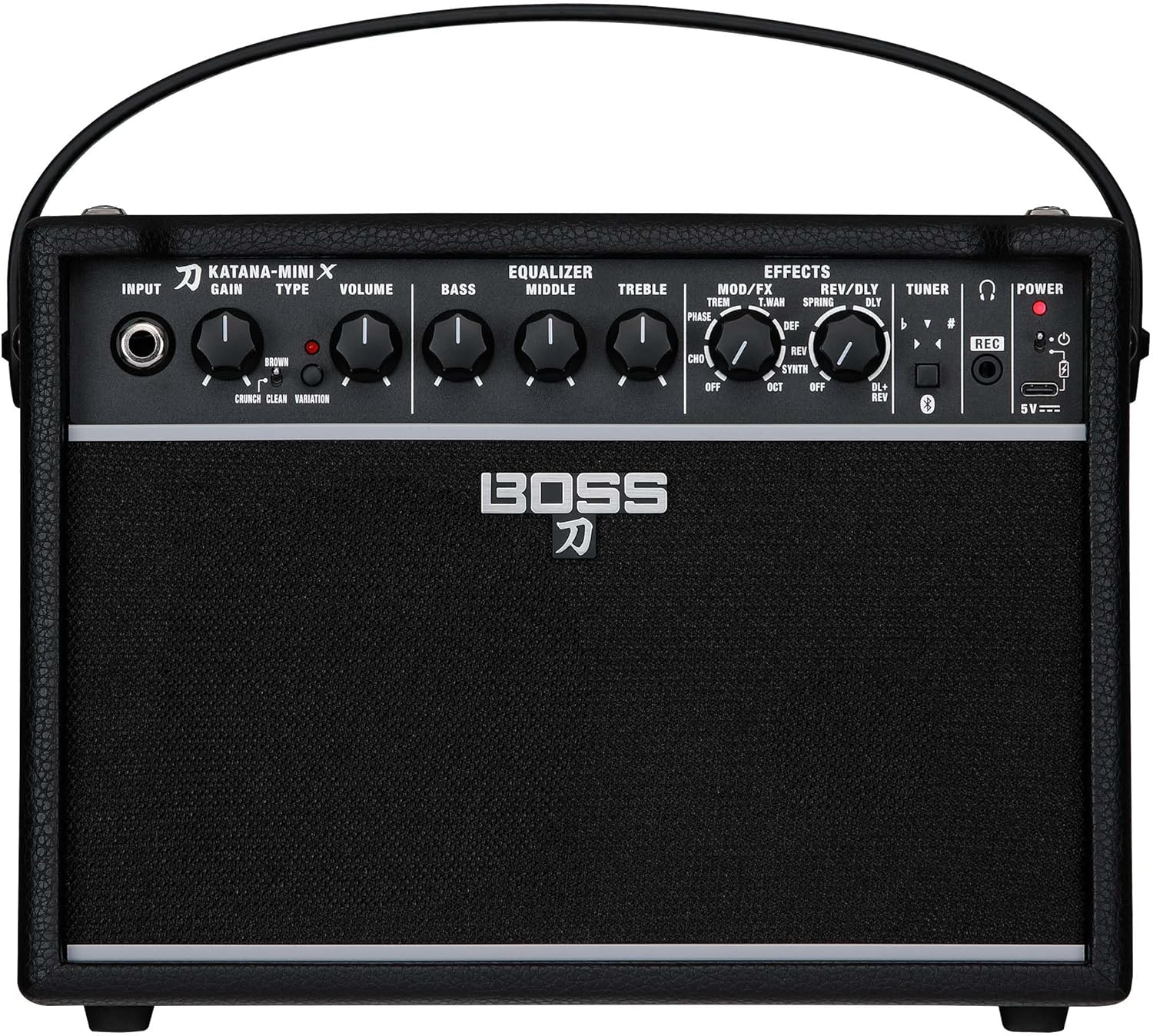 Boss Katana-Mini X 10-Watt 1x5-Inch Portable Guitar Amplifier Bundle with Gearlux Power Supply, Instrument Cable, Austin Bazaar Exclusive 24-Pack Picks, and Polishing Cloth
