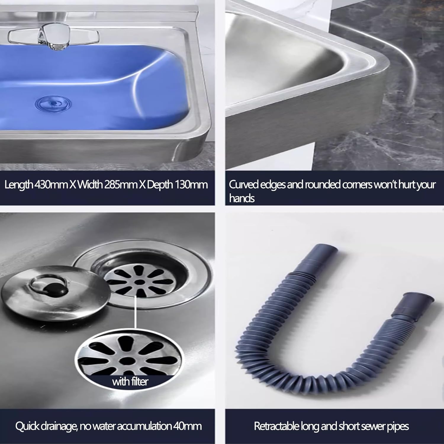 Stainless Steel Commercial Kitchen Sink, Single Bowl Bar Sink with Faucet Kit, Wall Mount Hand Washing Basin, Corner Hand Basin, Save Space(B-50x41.2x15cm)