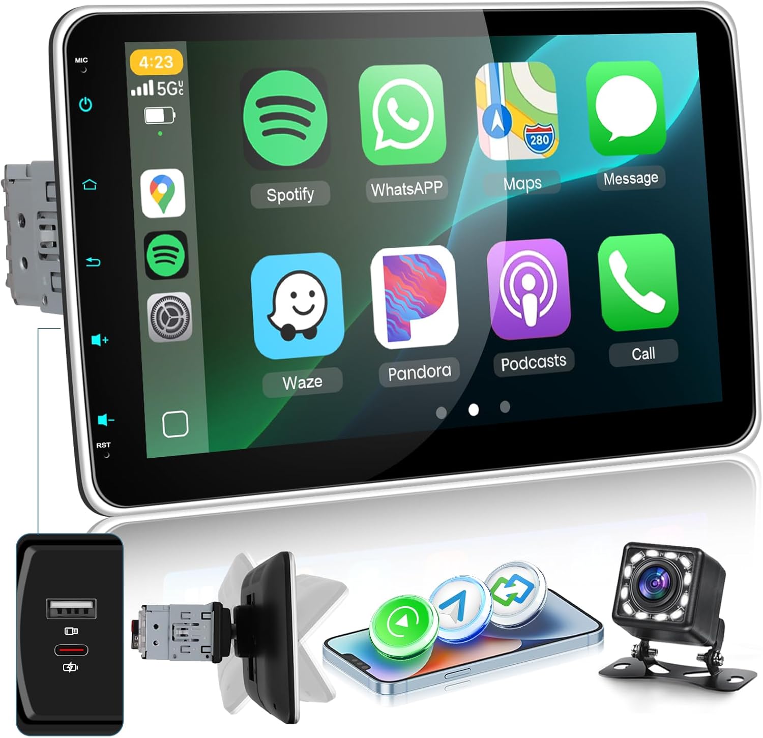 10 inch Single Din Car Stereo with Carplay Wireless Android Auto Detachable Screen YouTube Online Video FM/RDS MirrorLink SWC EQ, Single Din Bluetooth Radio with USB/Type-C Ports+Mic+Backup Camera