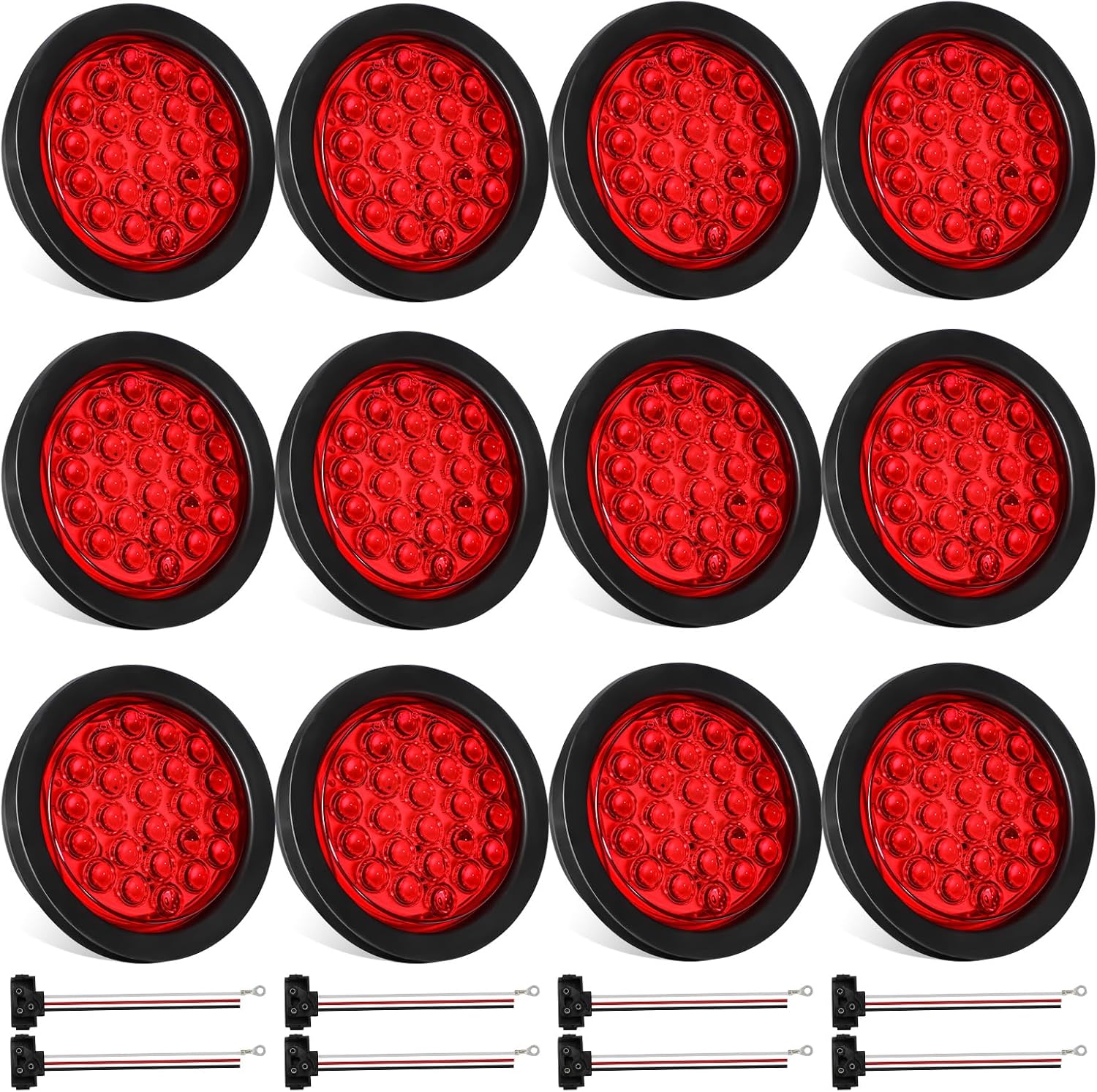 Partsam 8X Truck Trailer Molded 3 Prong Pigtail Harness, 12Pcs 4 Inch Round LED Trailer Tail Lights Red 24LEDs Waterproof 12V Grommet Plug Included