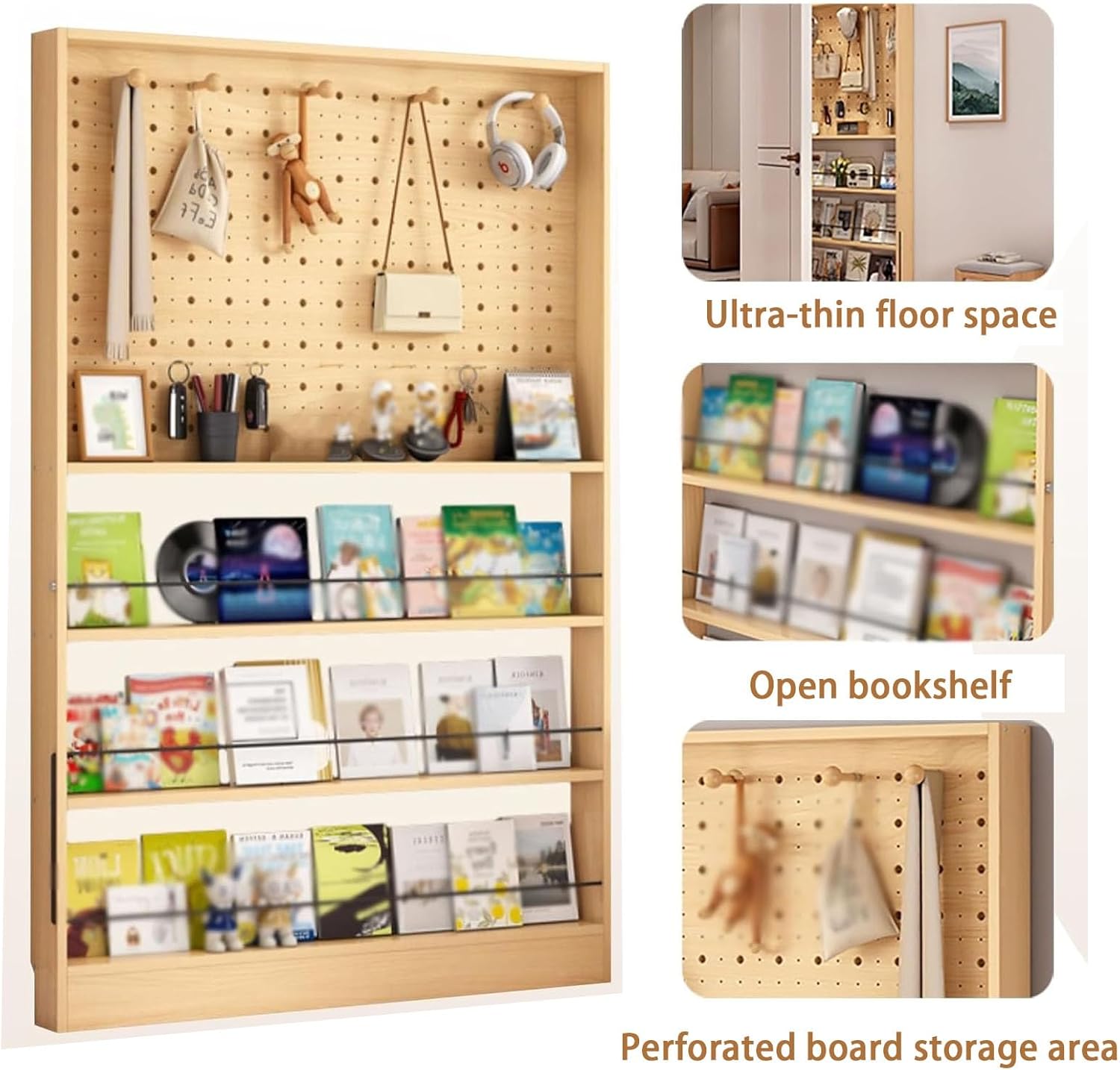 3.94in Behind Door Bookshelf Compact area 16 20 35 40 47in L Floor Bookcases Display Wall Mount Shelf Perforated Board Large Capacity Book Shelf for Books Magazine Racks CDs Small Items(Natural,31.5x3