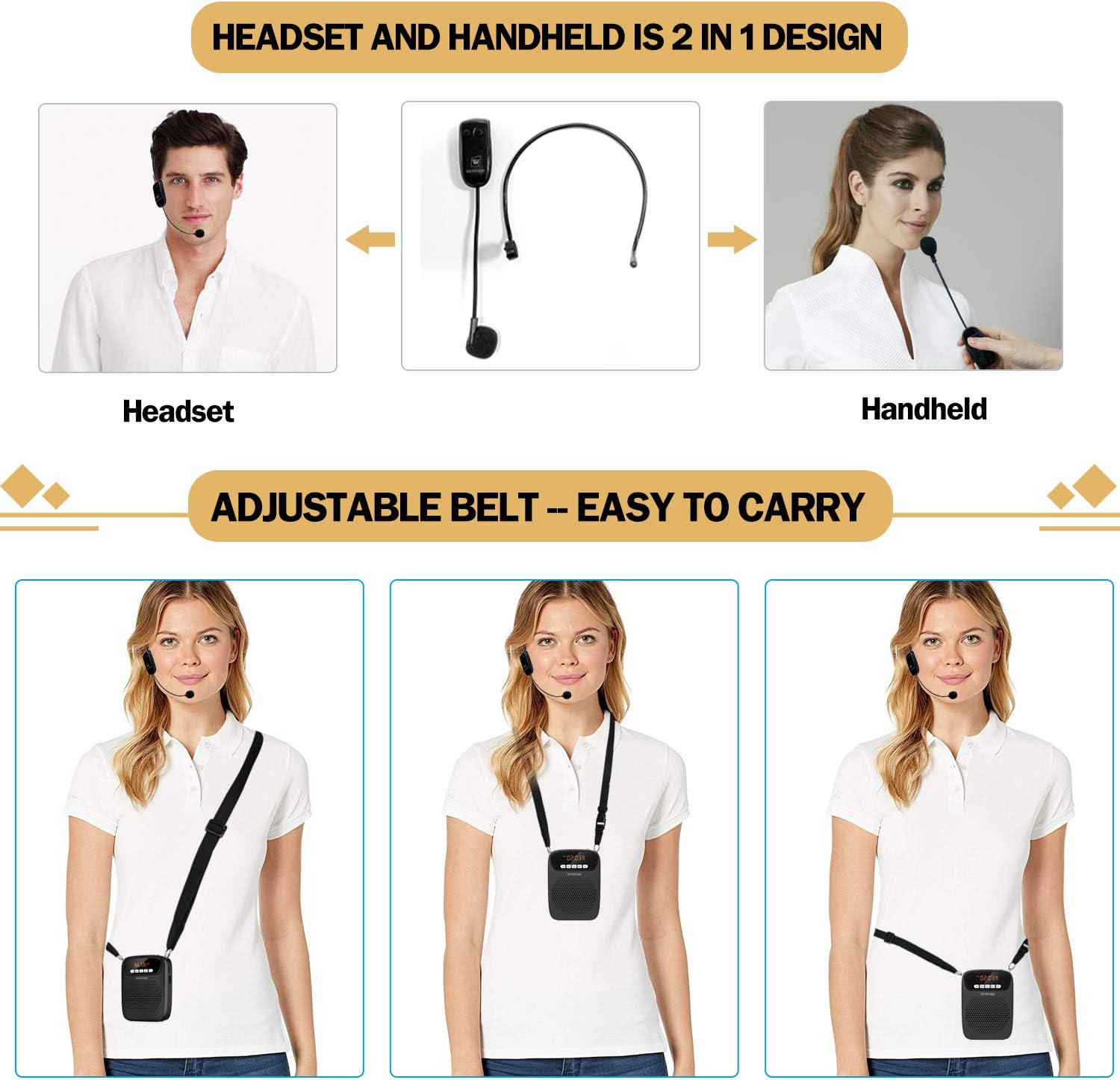 Portable Voice Amplifier Wireless & Wired Headset Microphone Speaker Mini Lightweight Personal Classroom Mic for Teachers Supports AUX Input,Bluetooth 5.0,Recording - S278UHF