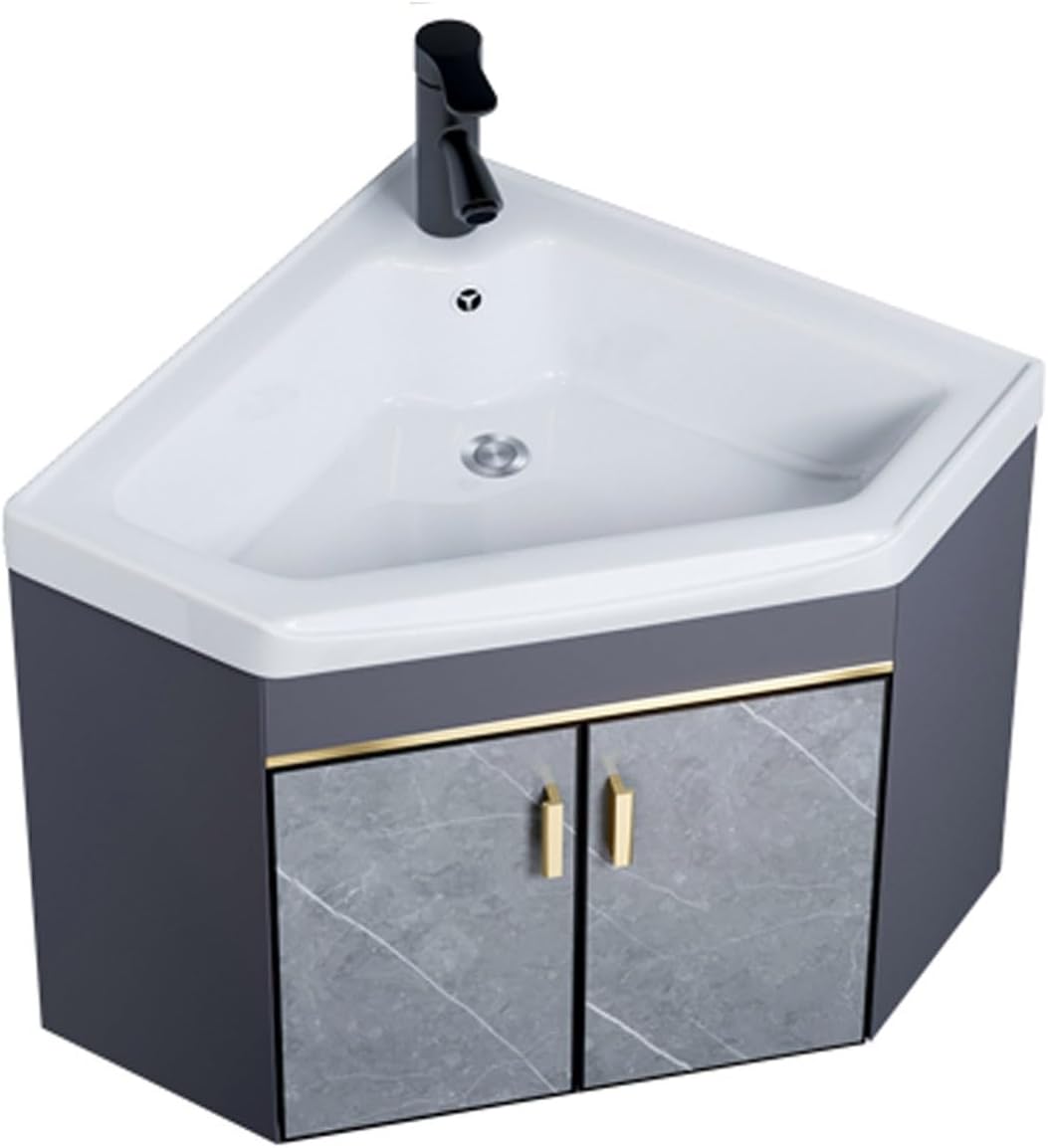 Bathroom Corner Basin Sinks,Wall Mount Vessel Sink,Bathroom Cabinet with Faucet and Drain,Ceramic Sink,for Small Space Wall Mounted Floating Cabinet(Size:56 * 43cm)