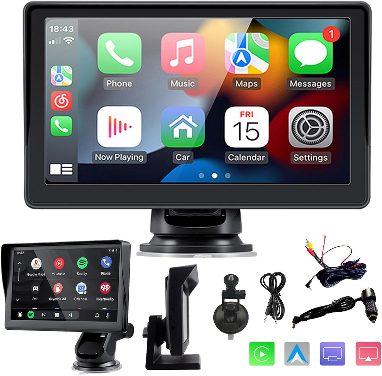 Sunweyer Car Television Wireless Carplay& Android Auto Screen, Portable Car Stereo,7 inch IPS Touchsreen Display, Support 1080p Backup Camera & Bluetooth/AUX/FM Transmitter