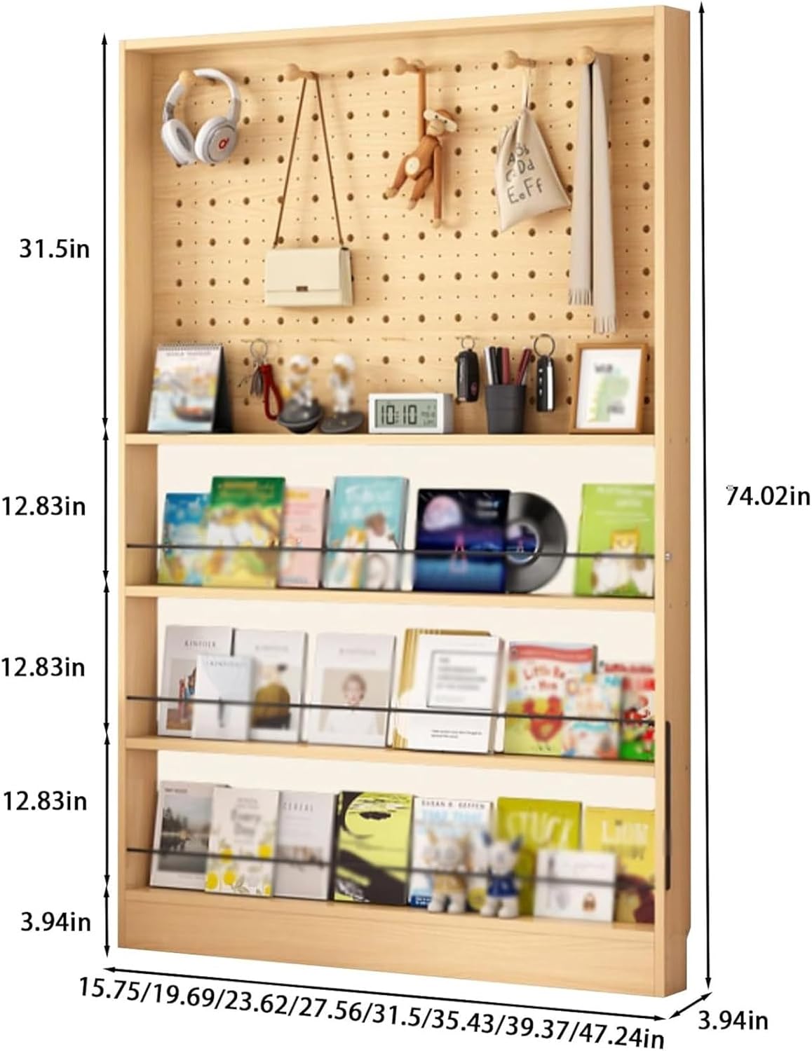 3.94in Behind Door Bookshelf Compact area 16 20 35 40 47in L Floor Bookcases Display Wall Mount Shelf Perforated Board Large Capacity Book Shelf for Books Magazine Racks CDs Small Items(Natural,31.5x3