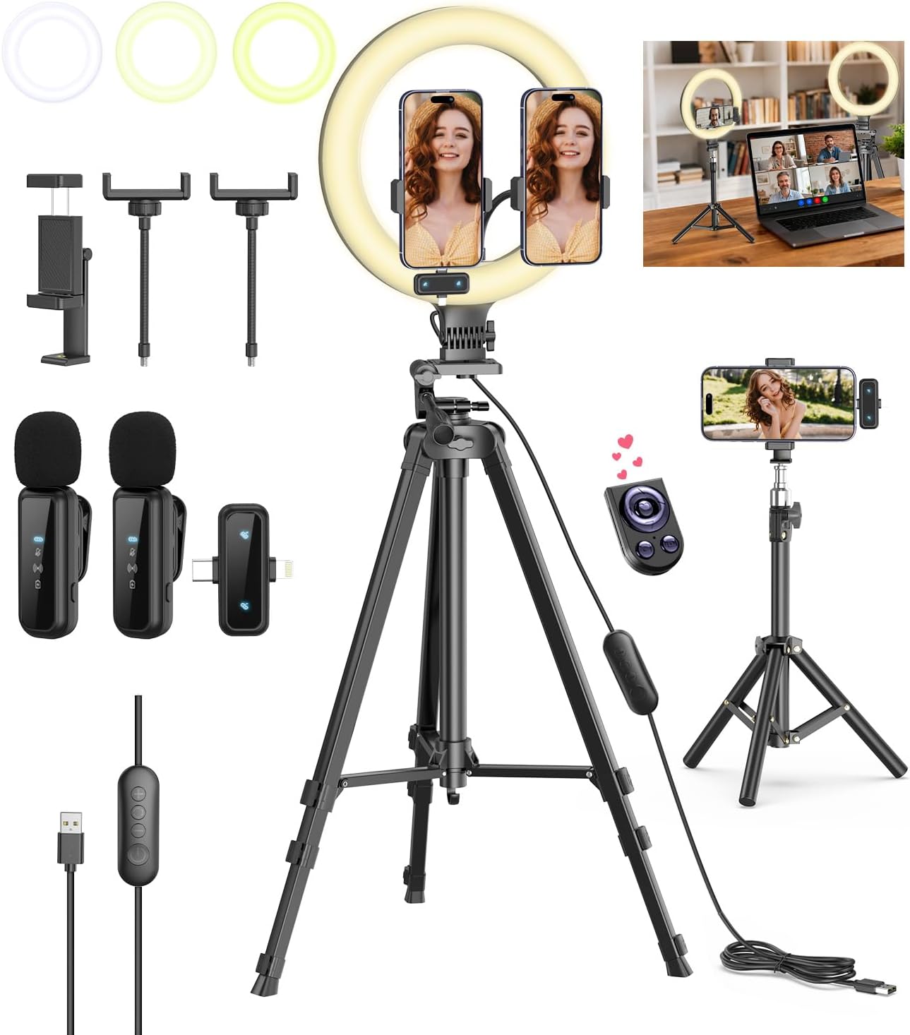 Vlogging Kit for iPhone/Android, 10'' Selfie Ring Light with Stand, 57'' Extendable Tripod, Desktop Tripod, Wireless Microphone - YouTube Starter Kit, Content Creator Essentials for TikTok,Live Stream