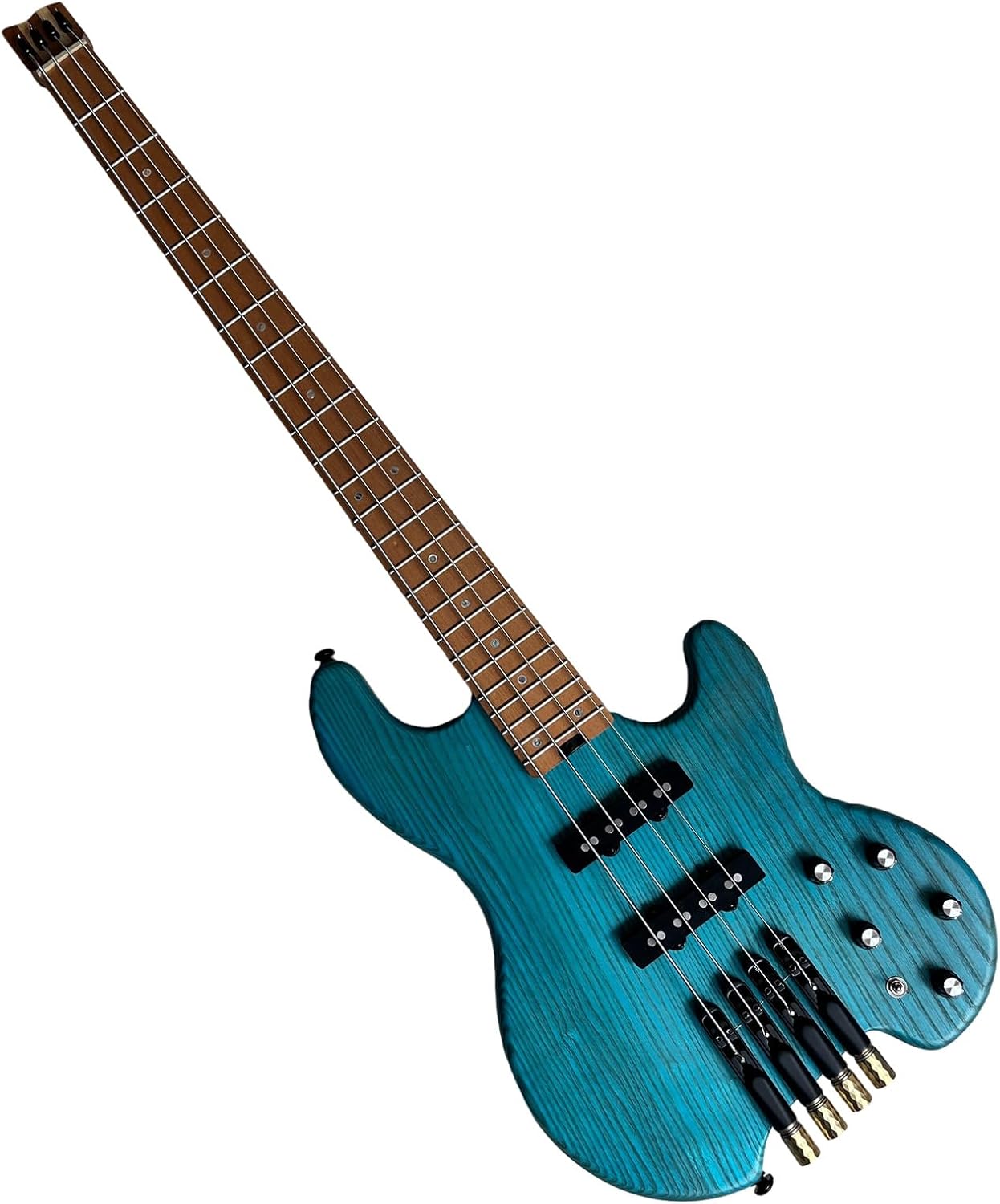 4 String Headless Bass Guitar with ASH Body and Roasted Maple Neck,Solid Body Electric Bass Guitar Active Pickup Rounded Frets for Rock, Blues, Heavy Metal and Jazz Music (blue)