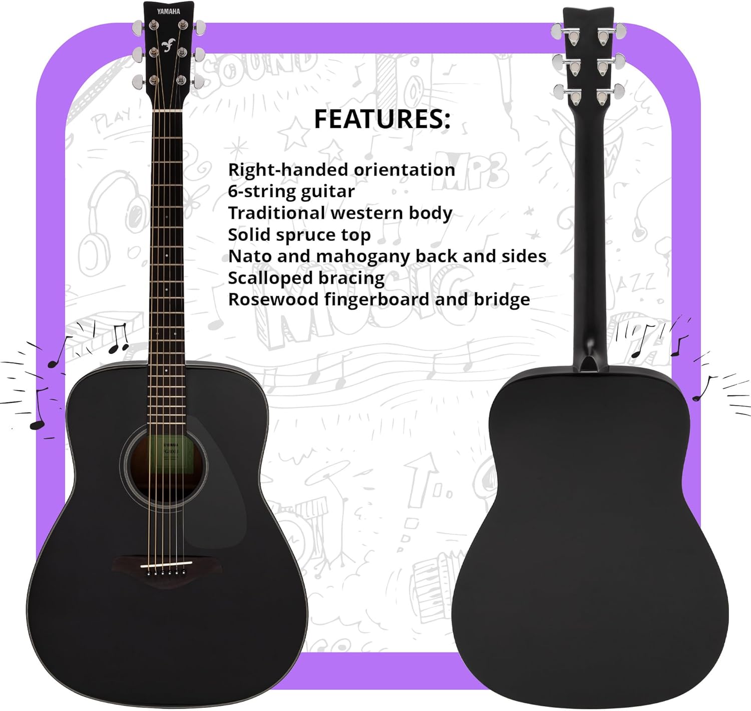 Yamaha FG800J Solid Spruce Top, Traditional Western Gloss Finish Body, 6-String Right-Handed Acoustic Guitar with Rosewood Fingerboard and Bridge (Black), Dreadnought