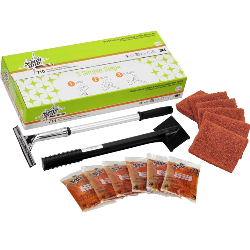 3M Scotch-Brite Griddle Cleaning, Quick Clean System, Heavy Duty, Cleans in 3-5 Minutes, For Baked On Food and Cooking Oils, Use on Hot or Cool Griddle, Orange, (1 System)