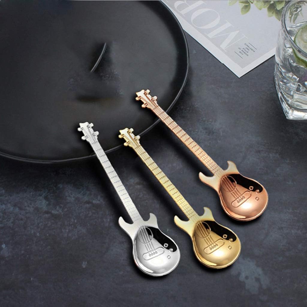 3 PCS Cute Coffee Spoons Guitar Shape Mini Dessert Spoon for Ice Cream Metal Stainless Steel Musical Instrument Bass Small Spoon