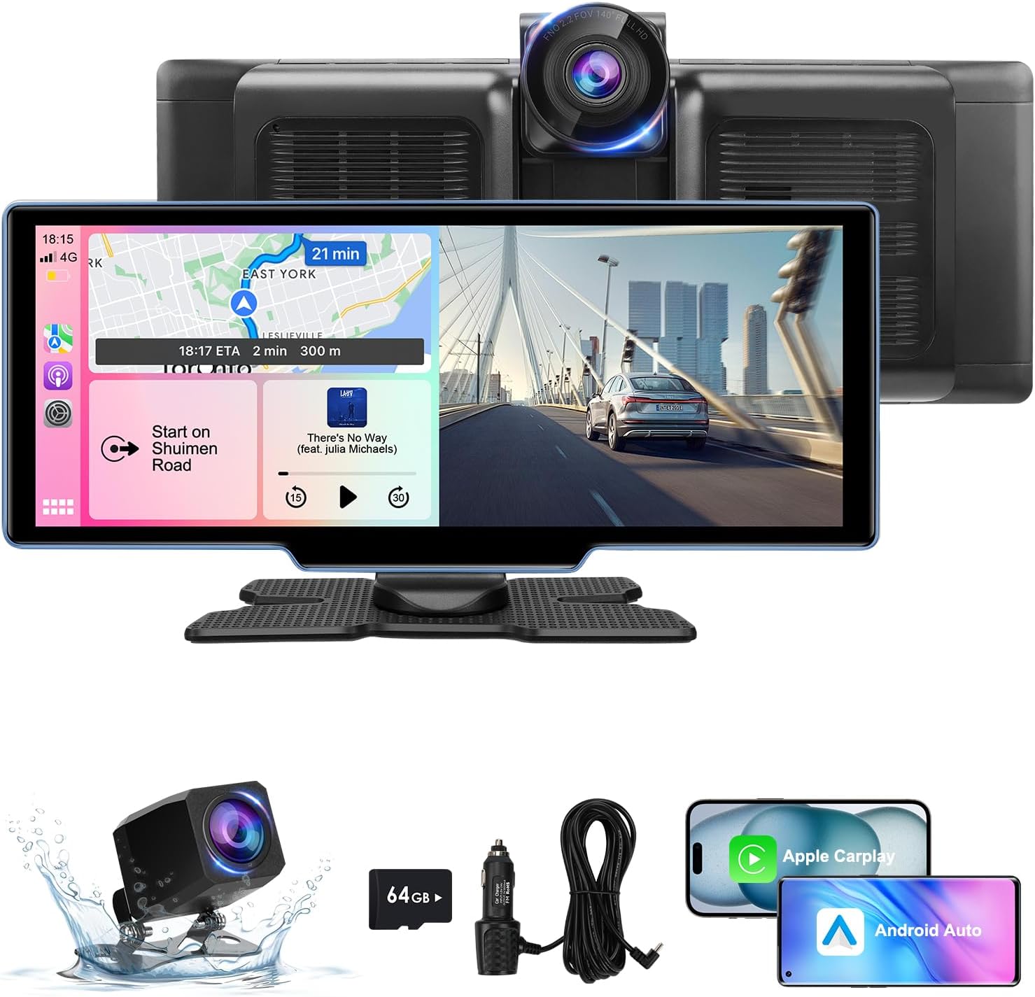 Wireless Carplay Screen for Car 1080p Backup Camera, 10.26