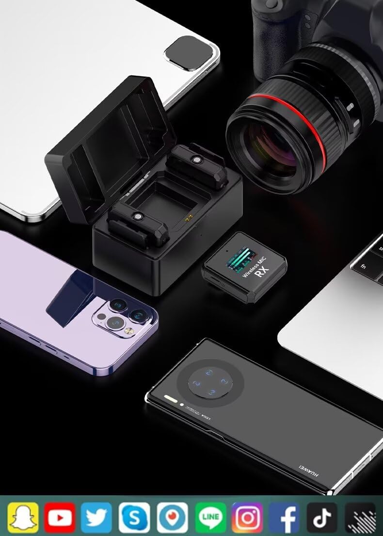 Wireless Lavalier Microphone, with Noise Cancellation，Auto-Dodge, Reverb Mode,3000mA Charging Case, for iPhone,iPad,Android,Camera,2 Pack Wireless Lavalier Clip Mics Live Streaming