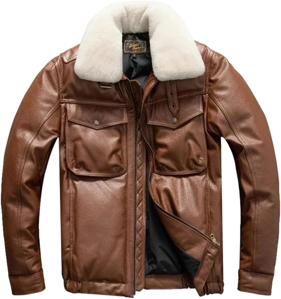 Men Wool Collar Genuine Natural Sheepskin Thick Warm Light Brown Winter Leather Down Jacket Coat