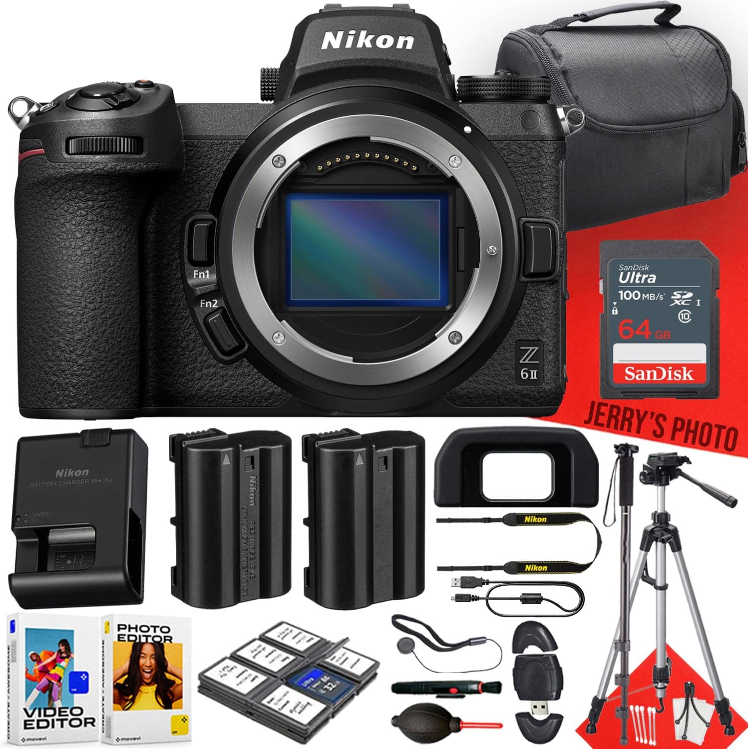 Nikon Z6 II Mirrorless Camera (Body Only) + 64 GB Memory + Tripod + Monopod + Extra Battery + Deluxe Cleaning Kit + More (22pc Bundle) (Renewed)