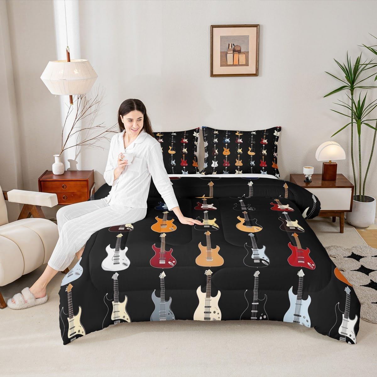 Manfei Colorful Guitar Comforter Set King Size,Musical Instruments Artistic Guitars Bedding Set 3 Pcs for Adults,Rock Bass Music Lovers Comforter,Black Duvet Insert,2 Pillowcases