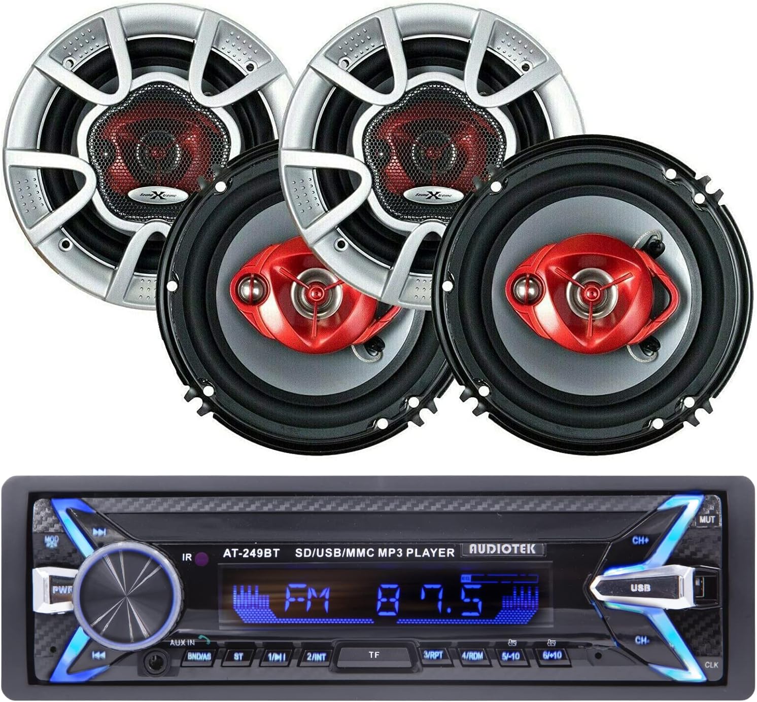 Audiotek AT-249BT Single Din Digital Car Stereo Receiver with Bluetooth Bluetooth/USB/FM / MP3 and 4X SoundXtreme ST-603 6-Inch 3-Way 350 Watts Coaxial Car Speakers