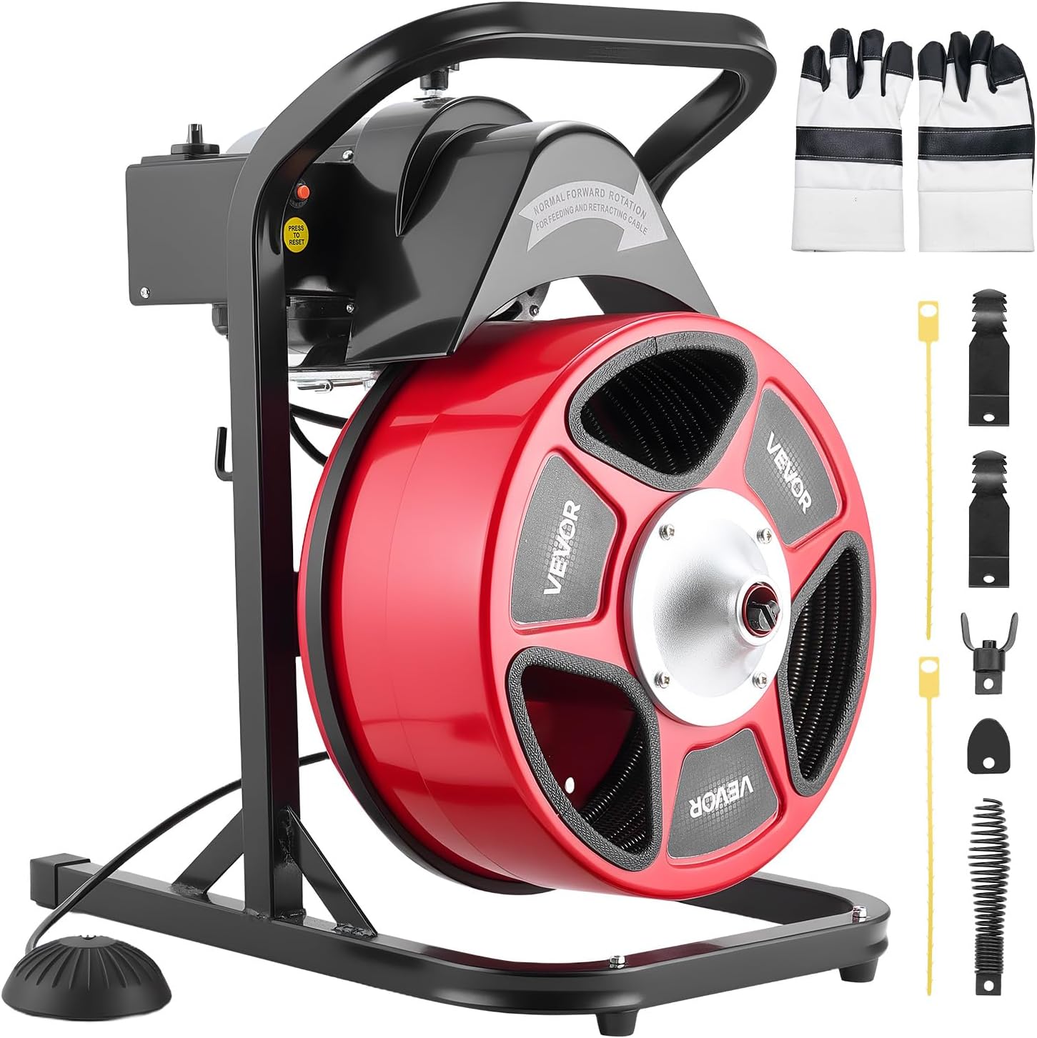 VEVOR Drain Cleaner Machine 50 FT x 1/2 Inch, Manual Feed Sewer Snake Auger with 4 Cutters & Air-Activated Foot Switch for 2